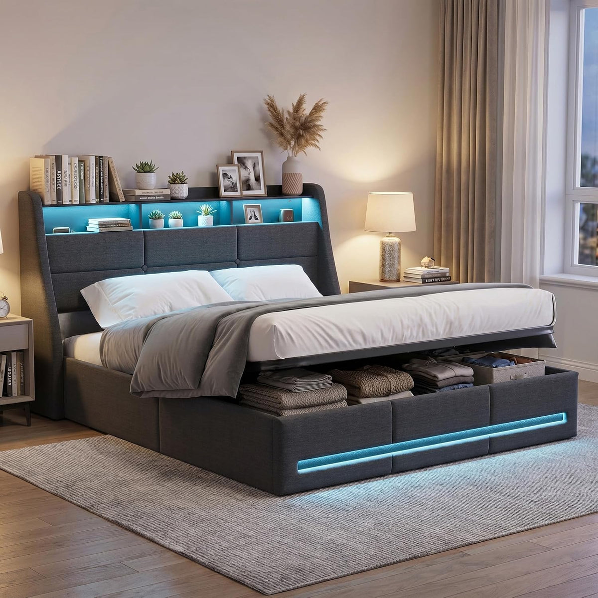 BPKADHY Bett, 160x200 cm, Grau, Polster, LED Doppel mit Stauraum und Lattenrost, Kopfteil mit Staufach & USB-Ladefunktion
