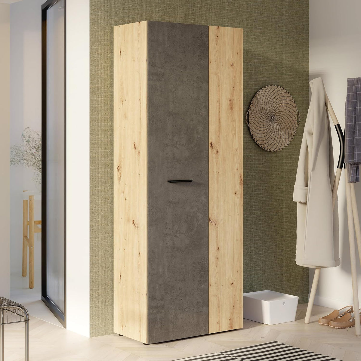 Forte Kleiderschrank, 181,1 cm, 68,7 cm, 36,5 cm, Beton/Holz, NET106 Schrank 70 180, Mehrzweckschrank, Staubsaugerschrank
