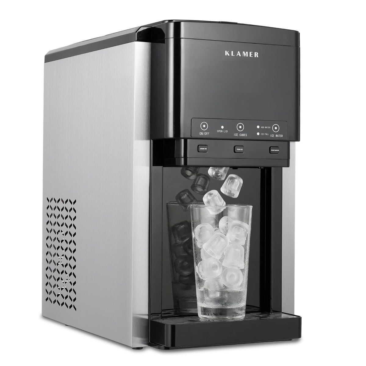 KLAMER Eiswürfelmaschine, Schwarz, 3-in-1 Ice Maker mit Crushed Ice, Wasserspender und Selbstreinigung