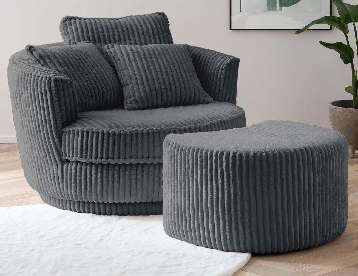 Furn.Design Relaxsessel, grau, Sessel in Cord Stoff XL Drehsessel 360° drehbar inklusive 3, Mit Hocker)