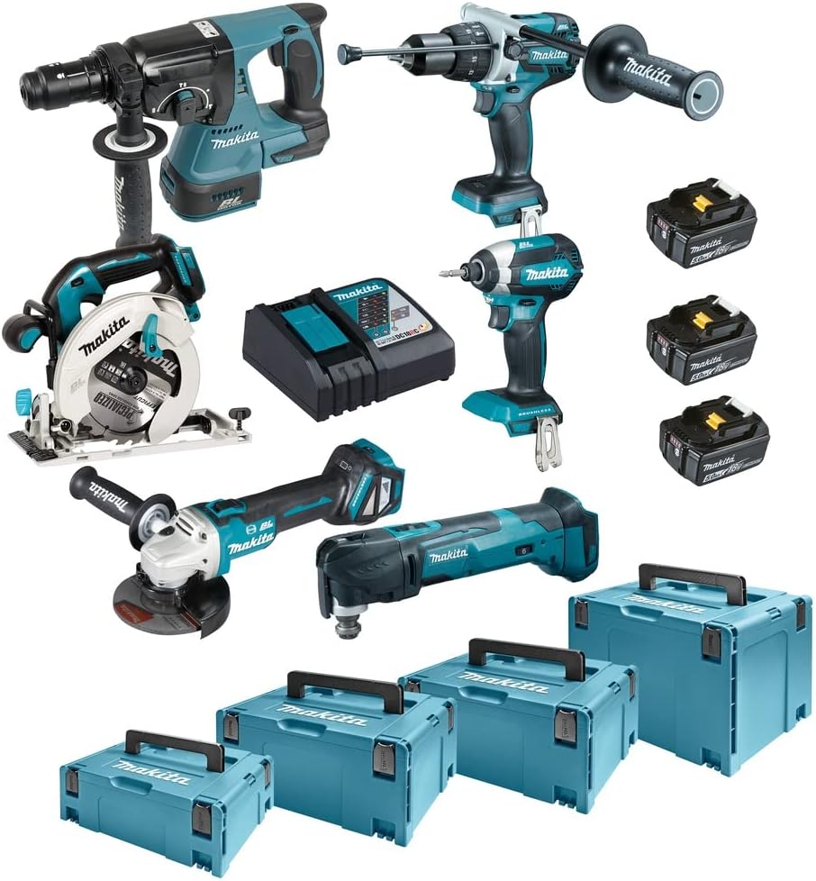 Makita Werkzeugsets, 5,0 Ah, 18 V, Schwarz/Blau, DLX6085TJ Akku-Kombo-Kit, 3 Akkus + Ladegerät + 4x MAKPAC