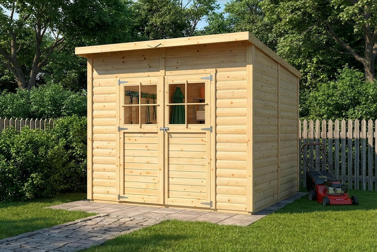 Gerätehaus Alpholz, 251x254 cm, 19 mm, Natur, Alster belassen mit Wandstärke und Pultdach, inkl. Fußboden