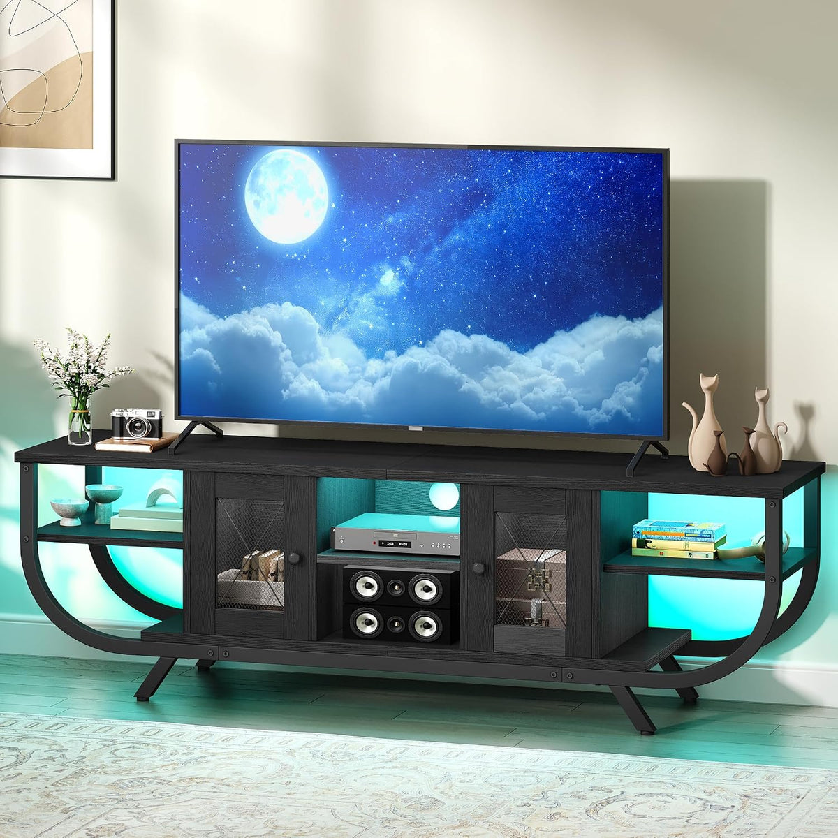 TV-Schrank YITAHOME, 55 Zoll, 140CM, Schwarz, Lowboard, Industrielles, TV Lowboard für Fernseher bis zu mit LED-Beleuchtung