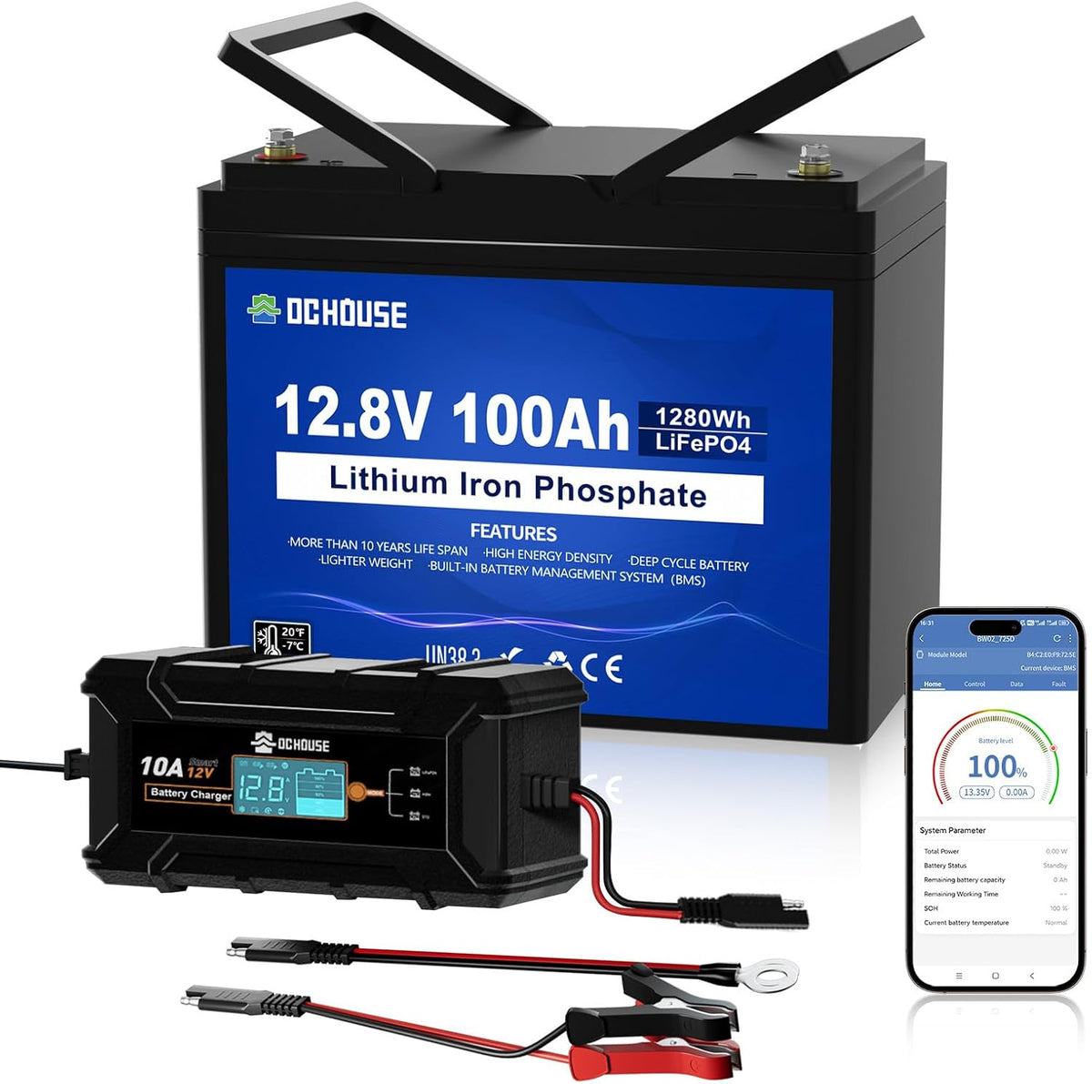 DC HOUSE Deep-Cycle-Batterien, 100 Ah, 12 V, Schwarz, DC Bluetooth Lithium Batterie mit 10A Ladegerät, BMS 100A